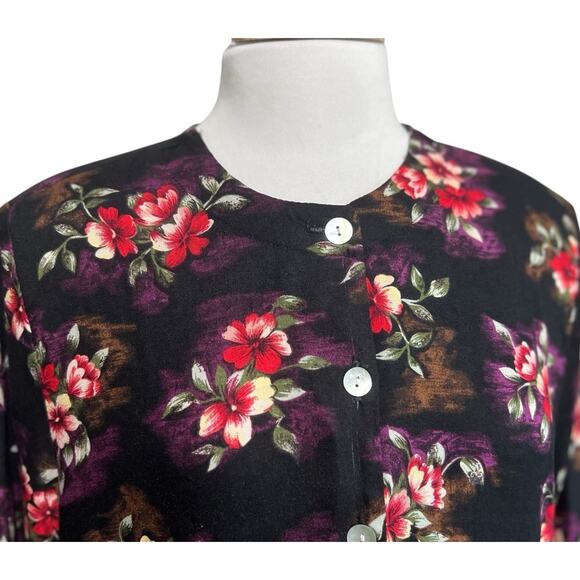 Vtg KATHIE LEE Black Red Tropical FLORAL 2 Piece Set Rayon Top Skirt PLUS 16W - Picture 3 of 8